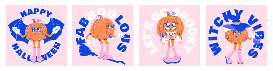 Cute collection of Halloween monochrome posters. Trendy retro groovy style. Funky pumpkin characters. Vector illustration for T-shirt, postcards, posters, flyers