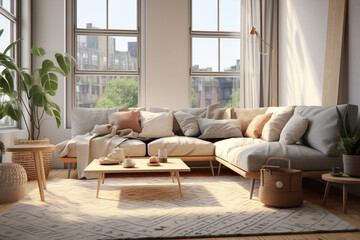 Modern living room with large windows, featuring a light gray sofa, a geometric patterned rug, and a natural wood coffee table with hairpin legs