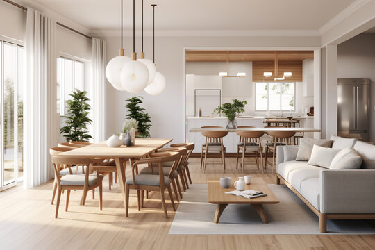Modern living and dining area, featuring a low-profile gray sofa, a natural wood dining table surrounded by white molded chairs, and a minimalist, geometric chandelier in Scandinavian style