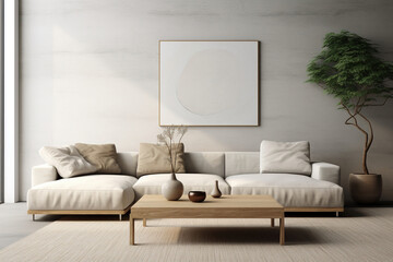 Modern minimalist living room, featuring a sleek and neutral-toned sectional sofa, a minimalist coffee table, and uncluttered wall decor