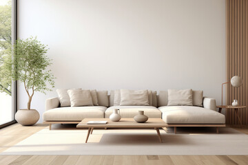 Modern minimalist living room, featuring a sleek and neutral-toned sectional sofa, a minimalist coffee table, and uncluttered wall decor