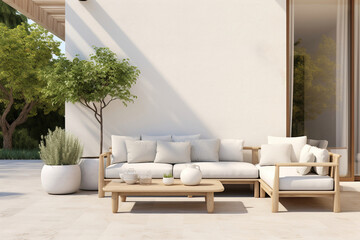 Modern minimalist outdoor patio, featuring clean-lined outdoor furniture, neutral-toned cushions, and potted greenery, Scandinavian style