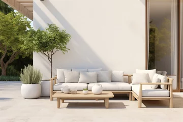 Fotobehang Modern minimalist outdoor patio, featuring clean-lined outdoor furniture, neutral-toned cushions, and potted greenery, Scandinavian style © RBGallery