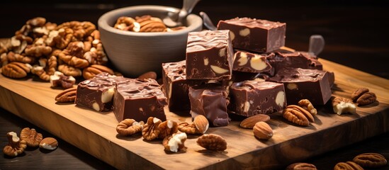 Marble board displays chocolate fudge with nuts fudge candy cut into pieces on a chopping board © AkuAku