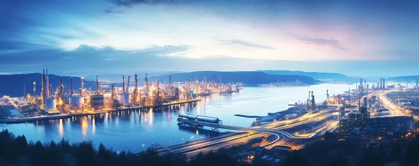 Fotobehang Oil refinery plant from industry zone, Oil refinery at twilight, Aerial view of Oil and gas industry,  industry factory concept and transportation, Refinery factory, and oil storage tank  © ruslee