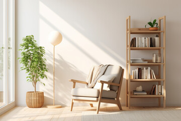 Fototapeta na wymiar A warm Scandinavian reading nook, with a comfortable armchair, a neutral-toned area rug, and a wooden bookshelf