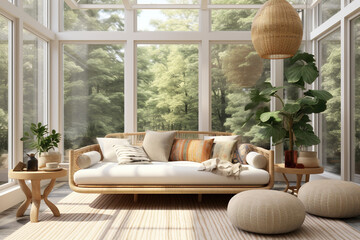 Modern sunroom, with large windows, a rattan daybed, and a mix of natural and geometric-patterned textiles, Scandinavian style