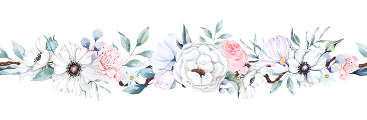 seamless flower border.Floral pattern with leaf and anemone.Seamless botanical floral rim, for cards, wedding or fabric.