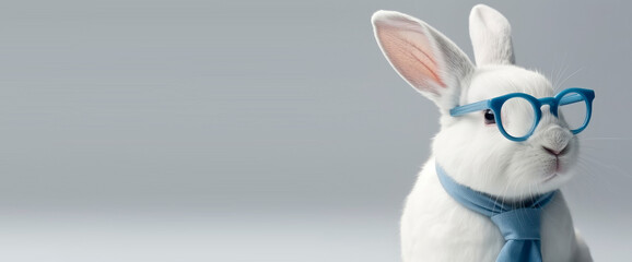 Portrait of a cute white rabbit in transparent blue glasses on an isolated gray background banner. Funny rabbit in a tie looks out from behind his glasses and looks at the camera. Generative AI. - obrazy, fototapety, plakaty