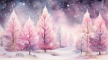 Watercolor Forest. Christmas Trees and Glowing Lights 