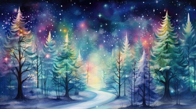 Christmas Trees and Glowing Lights.  Watercolor Forest 