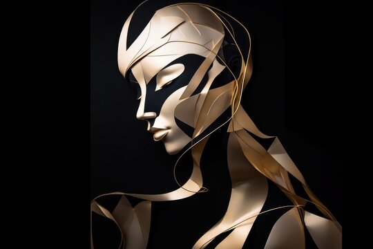 Abstract illustration of a gold and black bust of a female sculpture isolated on a black background. 