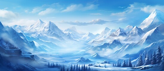 Winter mountain landscape with Celtic forest frozen nature and glacier Mystical valley artwork for gaming RPG book cover and poster