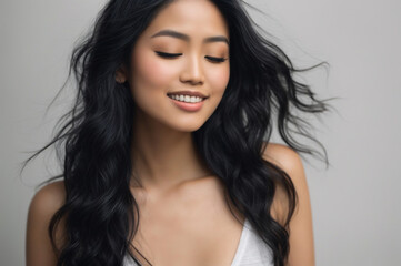 A Beautiful Asian Woman with Black Hair on a Gray Background