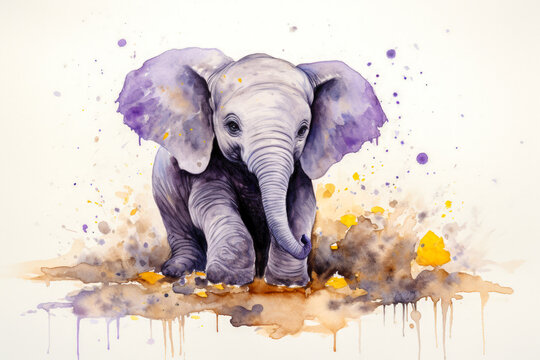 Colorful watercolor illustration of an elephant on a white background.