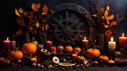 Wiccan altar for Mab On sabbat. fruits, pumpkins, candle, nuts and wheel of the year on abstract dark background. - obrazy, fototapety, plakaty