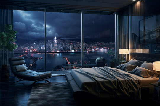 a bedroom interior with a panoramic window view of a futuristic cityscape at night, rain streaming down the glass | Generative Ai