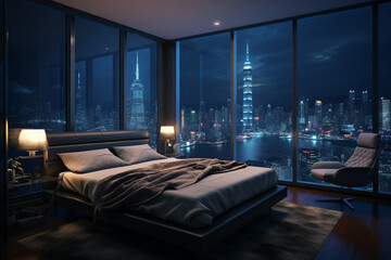 a bedroom interior with a panoramic window view of a futuristic cityscape at night, rain streaming down the glass | Generative Ai