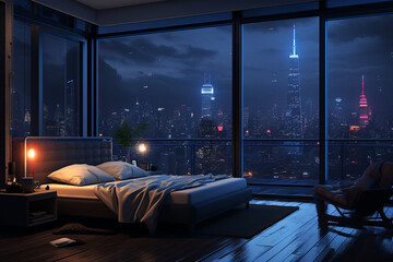 a bedroom interior with a panoramic window view of a futuristic cityscape at night, rain streaming down the glass | Generative Ai