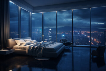 a bedroom interior with a panoramic window view of a futuristic cityscape at night, rain streaming down the glass | Generative Ai