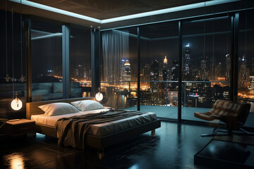 a bedroom interior with a panoramic window view of a futuristic cityscape at night, rain streaming down the glass | Generative Ai