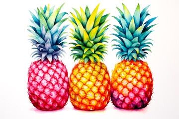 Pineapples on a white background. Watercolor illustration.