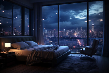 a bedroom interior with a panoramic window view of a futuristic cityscape at night, rain streaming down the glass | Generative Ai