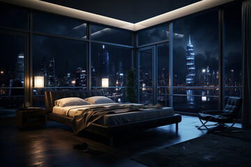 a bedroom interior with a panoramic window view of a futuristic cityscape at night, rain streaming down the glass | Generative Ai