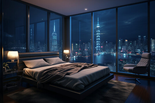 a bedroom interior with a panoramic window view of a futuristic cityscape at night, rain streaming down the glass | Generative Ai