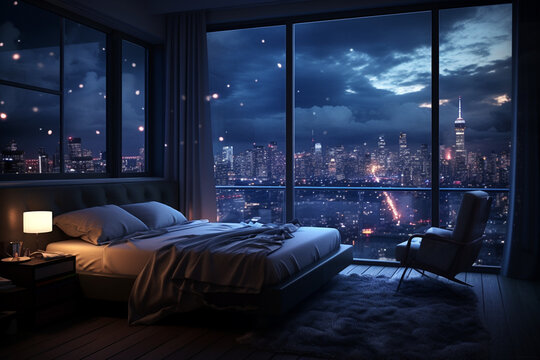 a bedroom interior with a panoramic window view of a futuristic cityscape at night, rain streaming down the glass | Generative Ai