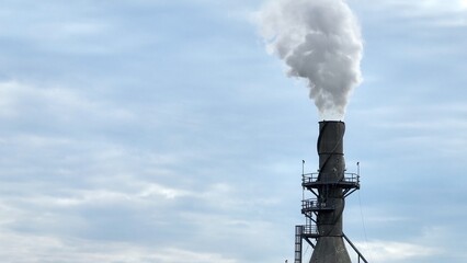 Industrial smoke stack emitting pollution into the Environment with overcast sky in background