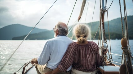 A senior couple is seen enjoying their retirement years by traveling and sailing. They are on a sailboat, cruising through the open sea, with the wind in their hair and the sun on their faces.
