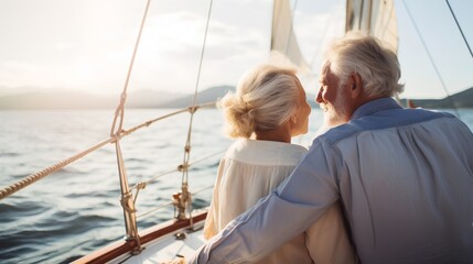 A senior couple is seen enjoying their retirement years by traveling and sailing. They are on a sailboat, cruising through the open sea, with the wind in their hair and the sun on their faces.