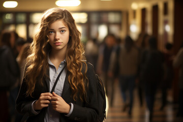 Photography of smiling girl student in corridor of school campus after lessons generative AI concept
