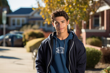 Generated by AI photography of happy handsome student going to college sunny september day