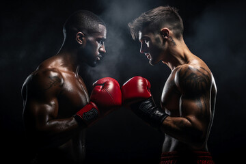 Generative AI portrait of a professional strong male two boxers fighting in a boxing ring - Powered by Adobe