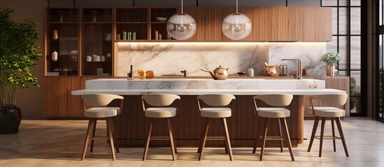 Luxury modern dining table island with marble top high chairs and kitchen counter in a stylish beige interior with hidden lighting cabinets and cupboard on a marble floor for interior design