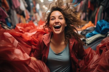 a young woman in a clothing store rejoices at discounts and sales. shopaholism and reasonable consumption.  - obrazy, fototapety, plakaty