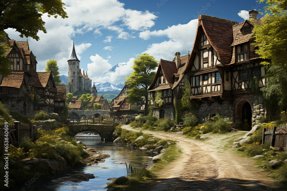 Poster medieval village background environment for computer mobile game generative ai picture