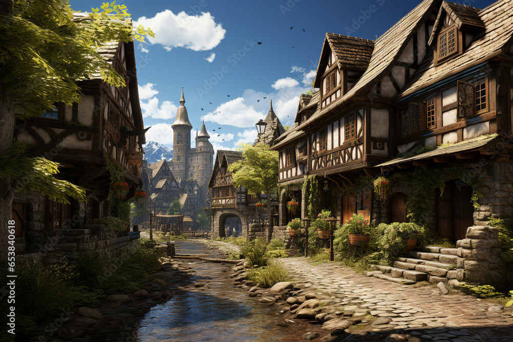 Poster medieval village background environment for computer mobile game generative ai picture