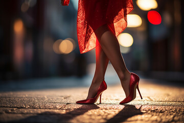 Generative AI picture of a sexy woman legs in fashionable nice high heels walking in the evening city