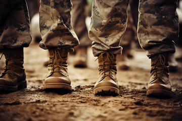 Close up photo of military legs on the battlefield ground made with generative AI