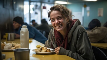 Homeless young woman in shelter dining hall