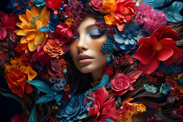 Generative AI portrait of fantasy woman flowers goddess in wreath faceart makeup - obrazy, fototapety, plakaty