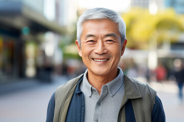 Fototapeta premium Generative AI photography of happy positive male person in the town smiling and enjoying walk