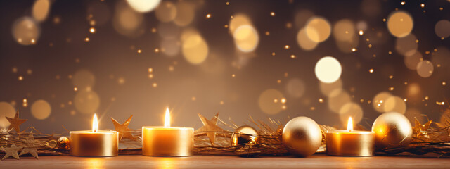 Christmass background with candles and golden bokeh, blank - obrazy, fototapety, plakaty