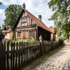 Old building and wooden fence in ethnographic open air village in riga, latvia - obrazy, fototapety, plakaty