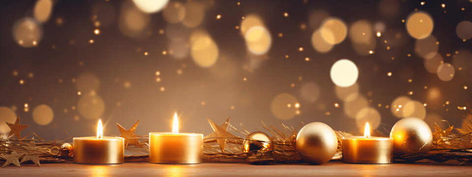 Christmass background with candles and golden bokeh, blank