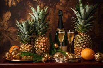Sparkling wine in glasses and pineapples with oranges on a dark background. - Powered by Adobe