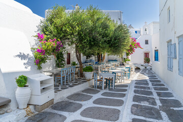 Typical houses and street in Mykonos Town one of the Cyclades islands in Greece